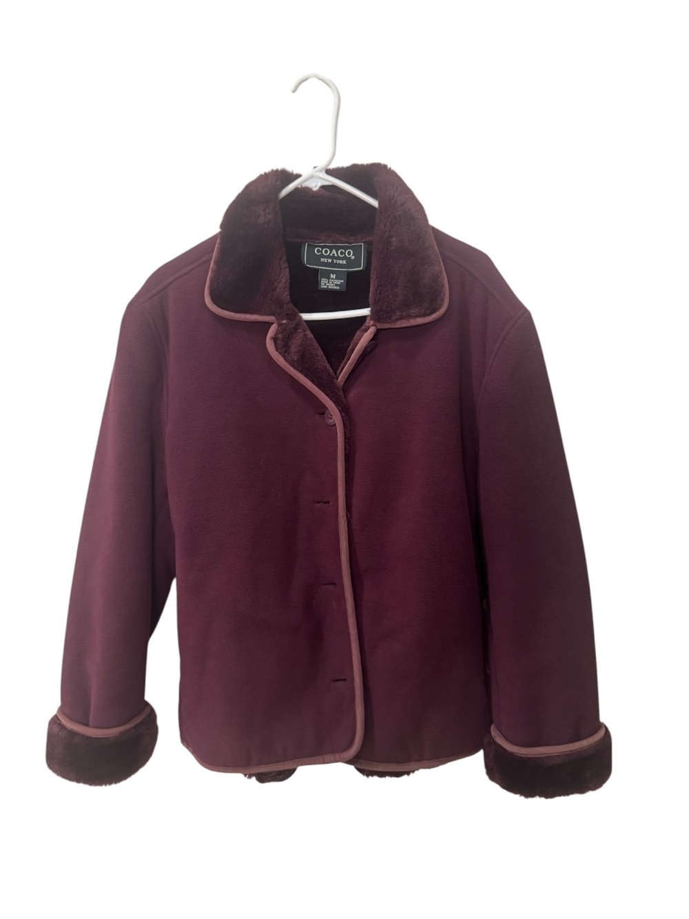 Coaco New York burgundy faux-shearling jacket featuring a fuzzy collar size M